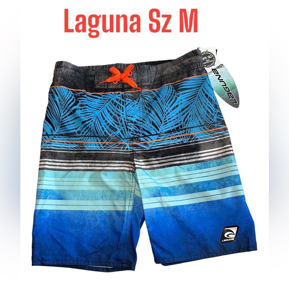 Laguna Boys Palm/Stripe Swim Trunks Summer Shorts UPF 50+ Size Medium (10-12)NWT